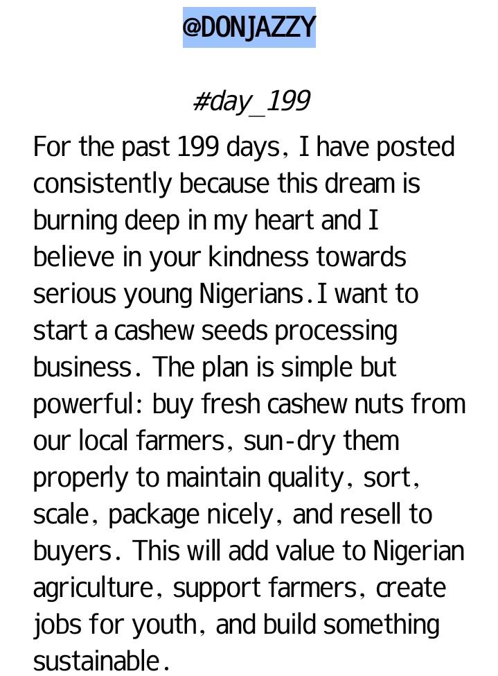 alnass_kid's tweet photo. Day 199 of reaching out everyday >>>to 
@DONJAZZY 
#agriculture #niger #cashew #business #pleasesupport https://t.co/rHc8a944Zl