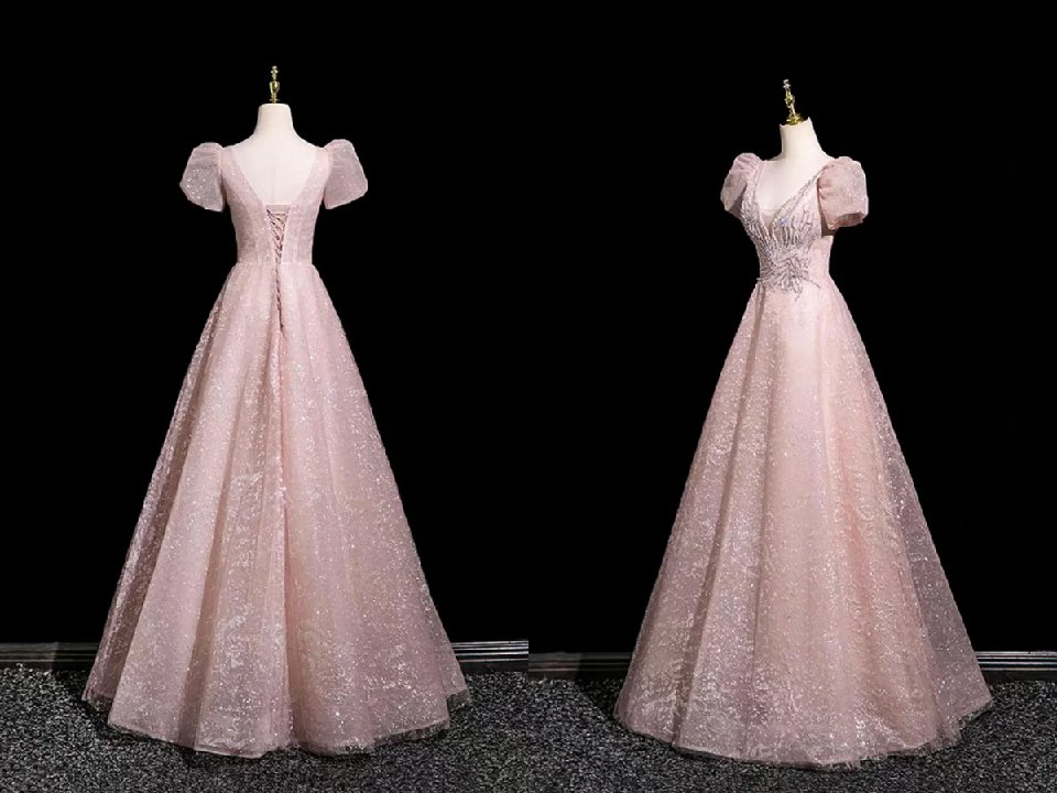 promfaststore's tweet photo. Blush Pink Lace Prom Dress V Neck A Line Evening Gown with Puff Sleeves https://t.co/LcRdjHVNNL