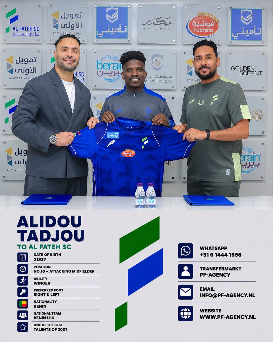 Agent_Ahmed_NL's tweet photo. الحمد لله على فضله وتوفيقه ✍️✅🙏❤️

إتمام صفقة انتقال اللاعب البنيني “Alidou Tadjou” 🇧🇯
إلى نادي الفتح السعودي 🇸🇦💙💚🤍
بصفته لاعبًا حرًا ✍️✅

كل الشكر والتقدير لإدارة نادي ��لفتح السعودي
على رُقي التعامل والثقة في إتمام هذه الصفقة ❤️❤️

والشكر موصول إلى أخي الغالي الأخ أوبي على كافة الجهود المبذولة 🤝❤️

ويُعد اللاعب من المواهب الشابة الواعدة ✨
من مواليد 2007، ويجيد اللعب في مركز صانع الألعاب (10)
كما يُجيد اللعب كمهاجم ثانٍ (9.5)
ويمتلك أيضًا القدرة على اللعب كجناح هجومي، مما يمنحه مرونة فنية كبيرة وإضافة قوية للمستقبل.

I’m delighted to announce the signing of the Benin international player “Alidou Tadjou” 🇧🇯
to Al Fateh SC (Saudi Arabia) 🇸🇦💙💚🤍
as a Free Agent ✍️✅

Special thanks and appreciation to the management of Al Fateh SC
for their professionalism and trust in completing this deal ❤️❤️

Special thanks also to my dear brother @obai for all his efforts 🤝❤️

A promising young talent, born in 2007 ✨
He plays as an Attacking Midfielder (No.10)
He is also highly effective as a Second Striker (9.5)
and can also play as a Winger.

@Fatehcluby @FatehClub