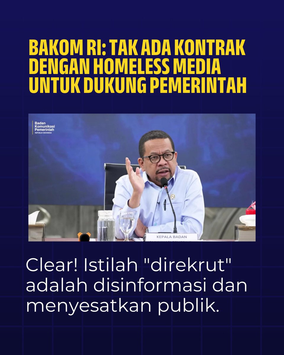 Bakom RI secara resmi menyatakan tidak ada kontrak khusus dengan homeless media untuk mendukung agenda pemerintah. Istilah "direkrut" ditegaskan sebagai disinformasi yang dapat menyesatkan masyarakat.