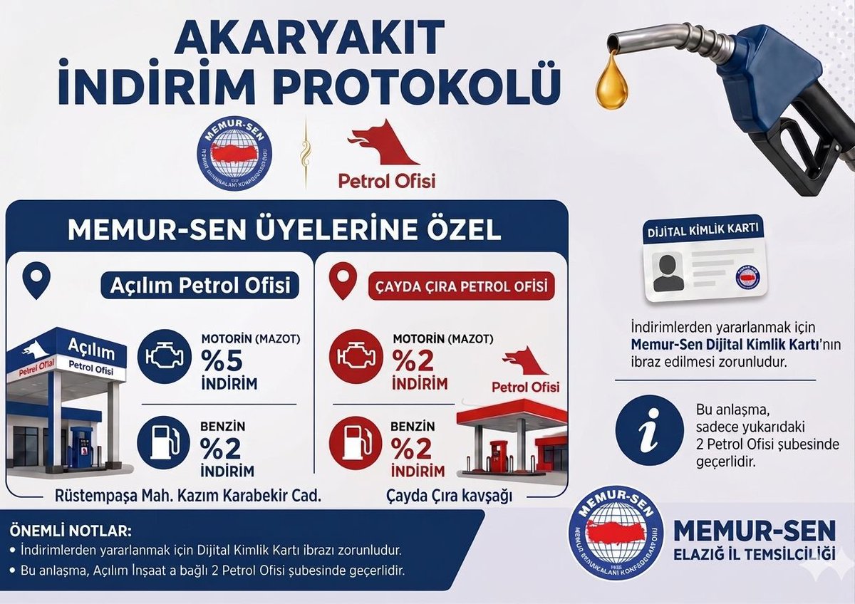 ebselazig1's tweet photo. Memur-Sen Elazığ İl Temsilciliği olarak üyelerimizin ihtiyaçları doğrultusunda Çaydaçıra Petrol Ofisi ile motorinde %2, benzinde %2; Açılım Petrol Ofisi ile motorinde %5, benzinde %2 indirim anlaşması yapılmıştır. 
Tüm üyelerimize hayırlı olsun. 

Çaydaçıra Adres: Çaydaçıra Kavşağı
Açılım Adres: Rüstempaşa Mah. Kazım Karabekir Cad. (İstiklal Ortaokulu Karşısı)

Not: İndirim anlaşmamız üyelerimizin 1.Derece yakınlarını da kapsamaktadır. İndirim anlaşmamızdan yararlanabilmek için Sendika Dijital Uygulaması ya da Sendika Kartı ibrazı zorunludur.