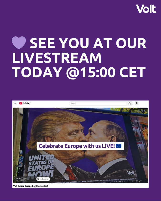 VoltEuropa's tweet photo. It's Europe Day! 🇪🇺🎉
 
We’re bringing together Members of the European Parliament, national parliamentarians, and grassroots chapters for a conversation you won’t want to miss.

💜Join our livestream today at 15:00 CET to celebrate together! https://t.co/laes78fRGi https://t.co/1PObELYxlU