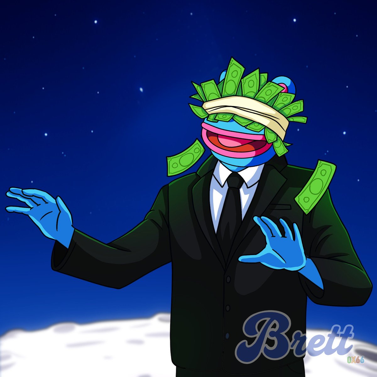 Brett0x66's tweet photo. Financial Advisor: “Too low market cap. Volume is dead. Not enough evidence this project will ever work. This is financial advice… do NOT do this.”

Me, already on the moon and blindfolded by cash: “Oh nooo… I’m gonna make way too much money.”

$BRETT 🌕 https://t.co/n5iSEpQj08