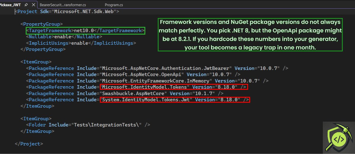 dotnet_pickaxe's tweet photo. You update your project target to .NET 10, and 15 NuGet packages instantly explode. Welcome to dependency hell.
If you are new here: I am building DotnetPickaxe. The absolute bare-bone, anti-bloat .NET API generator. No garbage code. You select what you need, and my Web Workers inject pure JSON blueprints right into a clean .csproj chassis.
But here is a brutal reality check. Framework versions and NuGet package versions do not always match perfectly. You pick #dotnet 8, but the OpenApi package might be at 8.2.1. If you hardcode these numbers into your generator, your tool becomes a legacy trap in one month.