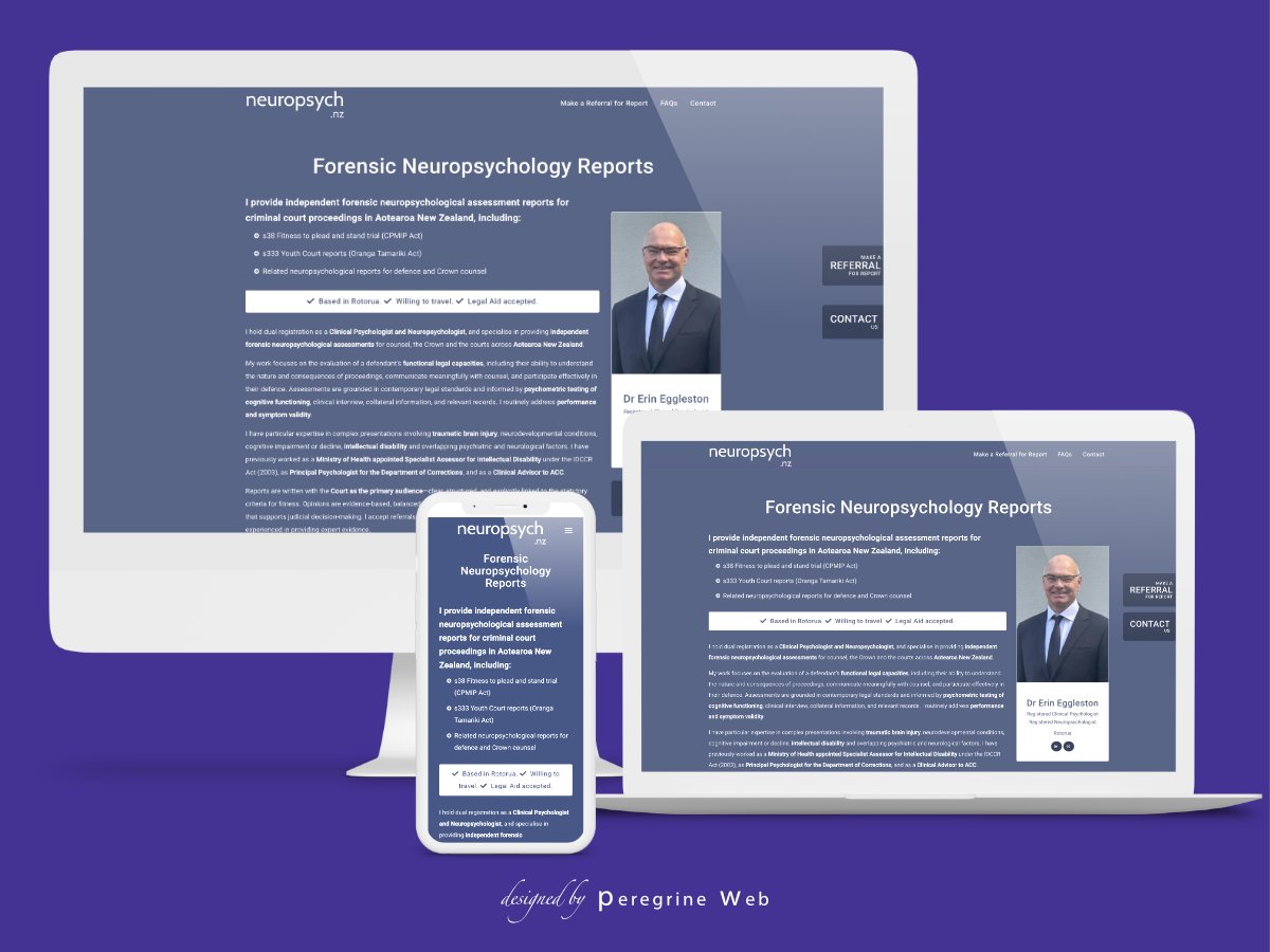 PeregrineWeb's tweet photo. Dr. Erin Eggleston is a Registered Clinical Psychologist and Neuropsychologist based in Rotorua, New Zealand. The Neuropsych NZ website features a clean, professional design featuring sticky buttons for the contact forms and parallax backgrounds.

https://t.co/ARLp3iodi0
#psychology   #neuropsychologist   #newzealand   #html   #webdesign