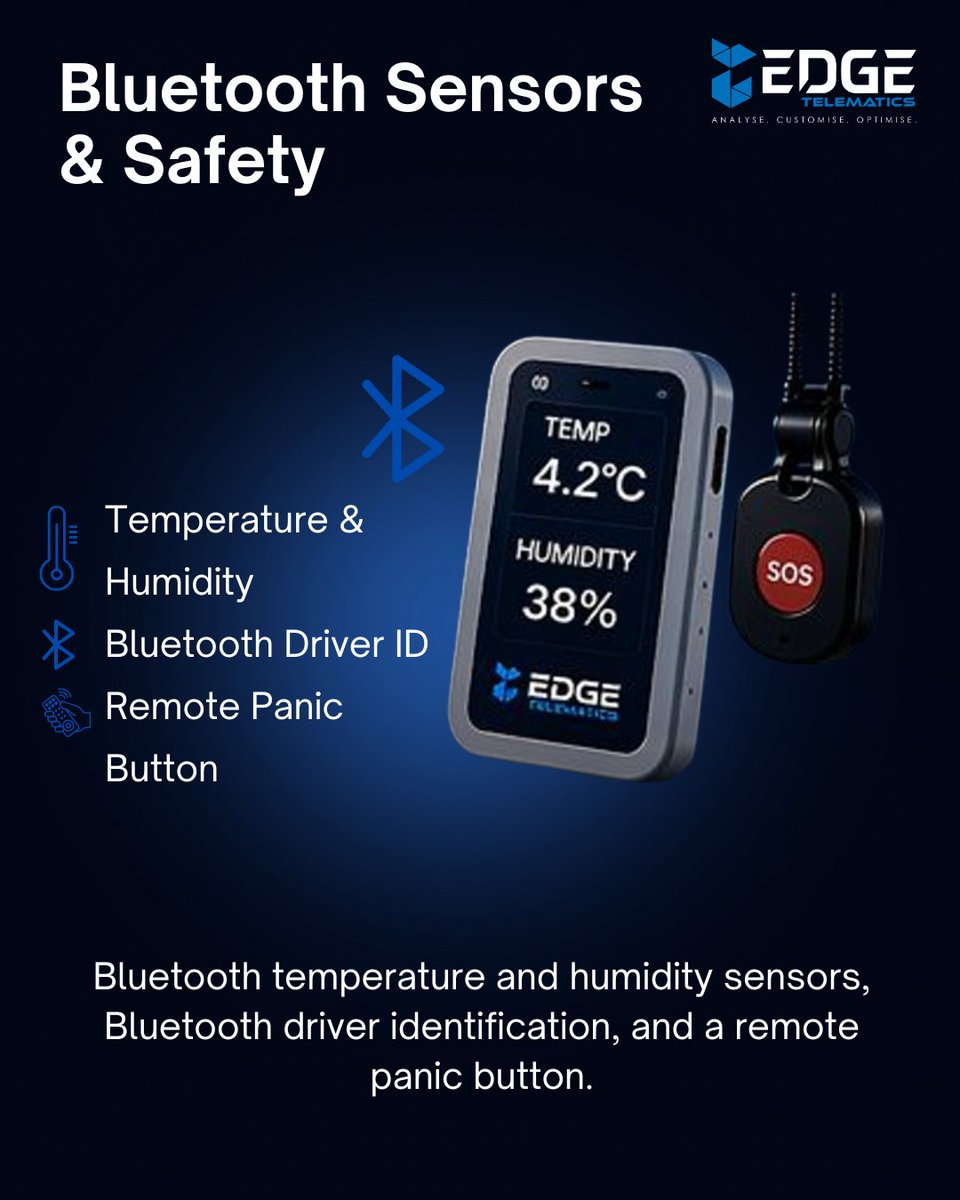 EdgeTelematics's tweet photo. Monitor critical conditions without complexity.

Bluetooth-enabled temperature and humidity sensors, driver ID, and panic alerts keep your fleet and drivers protected in real time.

Reliable data, improved safety, and greater control.

Find out more:
https://t.co/3HkOsZrk7K https://t.co/3AumCWViFT