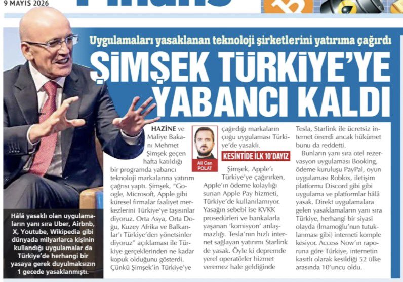 AALICANPOLAT's tweet photo. 📍Şimşek, uygulamalarını yasaklattığı şirketleri Türkiye'ye çağırdı

📌Hazine ve Maliye Bakanı Mehmet Şimşek, “Apple, Google, Microsoft gibi şirketler faaliyet merkezlerini Türkiye'ye taşıyıp, Ortadoğu, Asya ve Balkanları buradan yönetsinler istiyoruz" dedi.

📌Ancak Şimşek’in Türkiye'ye çağırdığı Apple’in Apple Pay uygulaması Türkiye'de kullanılamıyor.

📌Tesla'nın Starlink'i Türkiye'de yasak.

📌Otel rezervasyon uygulaması Booking yasak

📌İletişim platformu Discord yasak

📌Türkiye internetin en çok kesildiği 10'uncu ülke

📌Tablo böyleyken Bakan'ın teknoloji devlerini Türkiye'ye çağırması "Bakan Türkiye'ye yabancı kaldı. Nasıl bir ortamda yaşadığımızı bilmiyor" dedirtti.