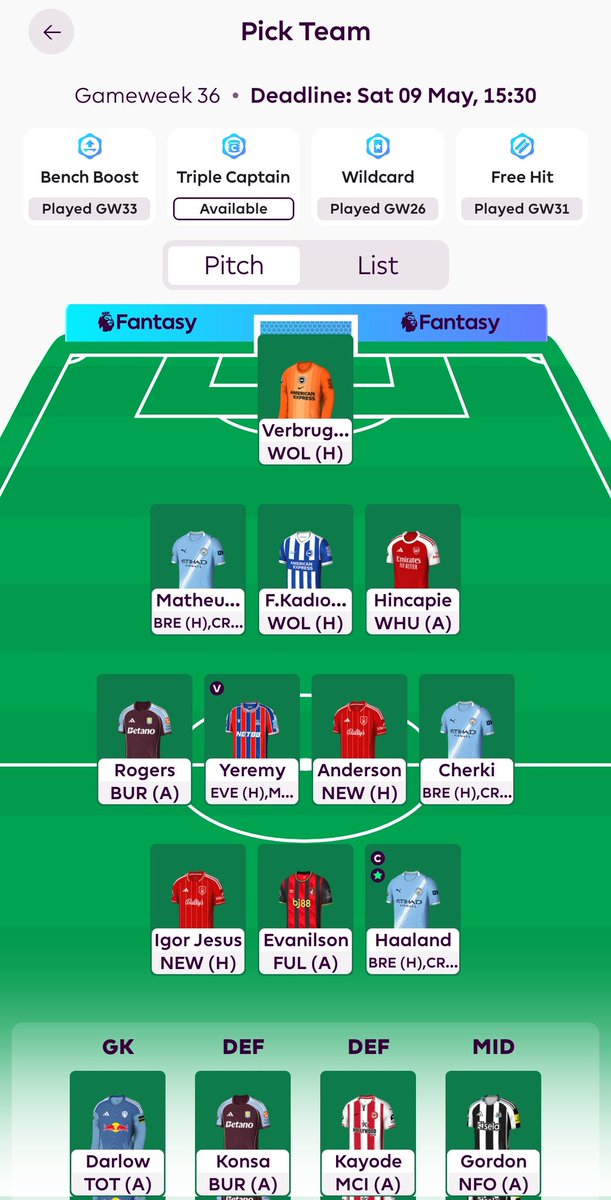 ani_raman's tweet photo. Club 9AR is LOCKED IN. ๐ตโก
๐ค Triple Captain โ Erling Haaland.
The machine doesn't miss moments like this. ๐ช
โก Vice Captain โ Yeremy Pino.
The differential pick of the week.
๐ณ Still backing my N.Forest assets.
Thoughts ๐
#FPL #GW36 #FPLCommunity #FPLTwitter https://t.co/bfIBqJjFt8