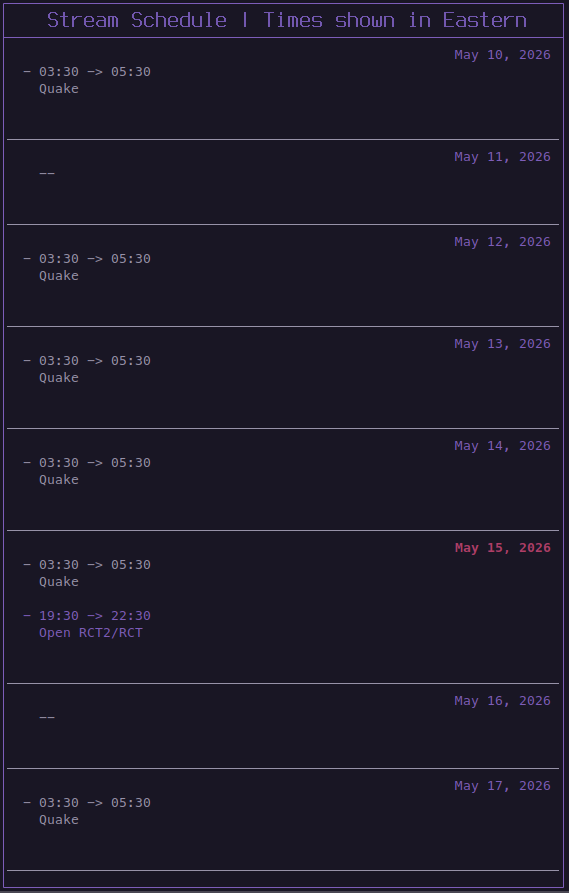 SpookyZalost's tweet photo. This week’s schedule is live.

Mostly Quake until Dissolution of Eternity is dead, plus Friday OpenRCT2/RCT.

Times shown in Eastern.

Twitch Affiliate push continues:
https://t.co/URrmrQzQIo
https://t.co/uPuxKyH12H
#VTuber #LinuxVTuber #Quake https://t.co/GsFYnWdbTP