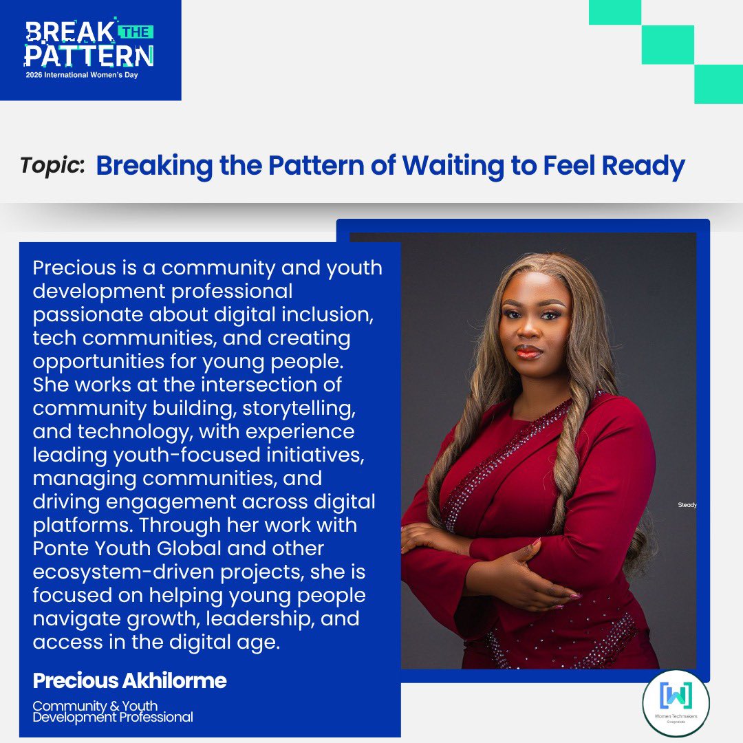 Precious4Impact's tweet photo. Join me as I speak at Women Tech Makers event.

Register through the link 
https://t.co/WRpDyySwul

#WomenTechMakers #WomenInTech #BreakThePattern
#IWD2026 https://t.co/1rIhNvrUZC