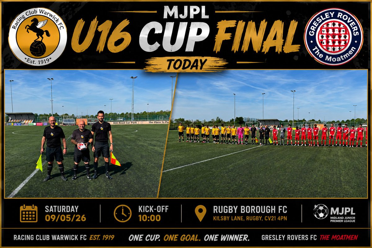 MJPL_UK's tweet photo. ๐ MJPL U16 CUP FINAL ๐
โ๏ธ Racing Club Warwick v Gresley Rovers
๐๏ธ 09/05/26
โฐ 10:00
Two top sides. One trophy.
Whoโs bringing home the silverware? ๐๐ฅ
#MJPL #MJPLCupFinal #GrassrootsFootball #CupFinal #RacingClubWarwick #GresleyRovers #TheMoatmen
@RCWFC
@GresleyAcademy https://t.co/LM21VGKP3y