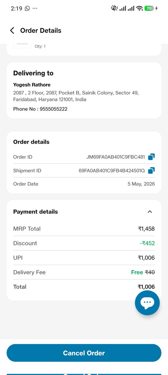 Saffron_Rathore's tweet photo. @JioMart_Support @JioMart I hv made an order on jiomart on 5 may and it was showing to get delivered on 5 may at 9:19 PM but I am still waiting for the same. Neither it got delivered nor I am able to cancel it. Your customer support is not able to help. Such a pathetic service. https://t.co/UlXMbb0exG