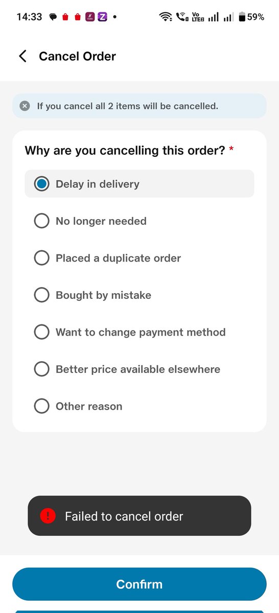bingi1992's tweet photo. @JioMart_Support @JioMart
Order id JM69FEDD980135B30A4F, I have not received the order and also I am able to cancel it. I have order the product at 12.39 pm but it is not yet delivered. I am not getting option to escalate the issue using the jiomart app. https://t.co/72UId4bKEr