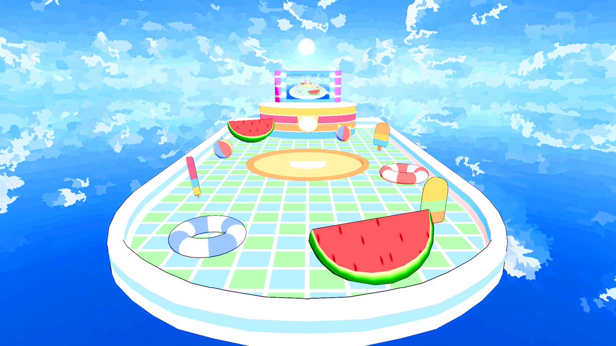 nor3dcg's tweet photo. ご依頼いただいた可愛いステージの制作が完了しました！夏にぴったりな可愛いステージで作るのが楽しかったです🥰動画も作りましたので良かったらご視聴くださいませ～～💖✨

【MMD】スパークル・ピーチ【とろり式初音ミク】
https://t.co/1ykk1P0SXW

#sm46288419
#ニコニコ動画 https://t.co/NolzxnDlMI