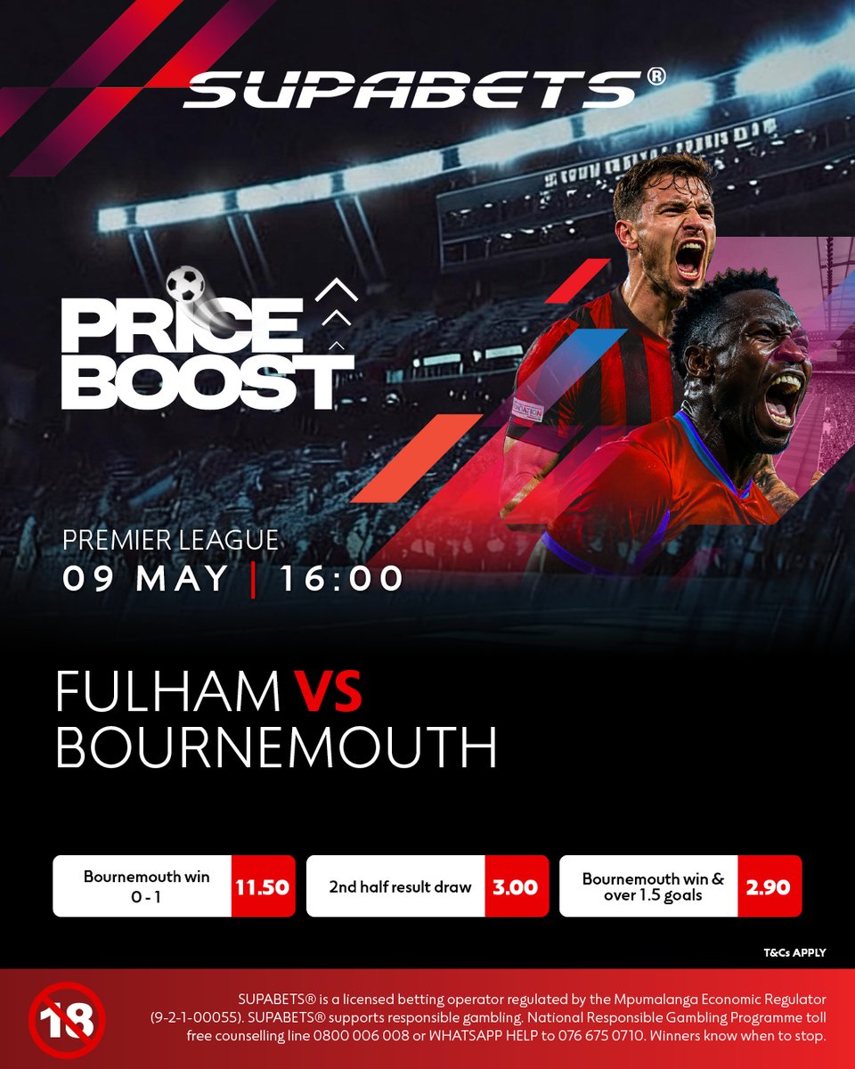 Supabets_mzansi's tweet photo. BOURNEMOUTH WILL BE HUNGRY FOR MAXIMUM POINTS AS A SPOT IN EUROPE COULD BE AVAILABLE ⚽

FOLLOW THE BOOST🤨

🚀 https://t.co/9rgZgTciVD ✅

#PriceBoost #EPL #FULBOU #Supabets

18+ / Bet Responsibly https://t.co/cnCNGYLVzm