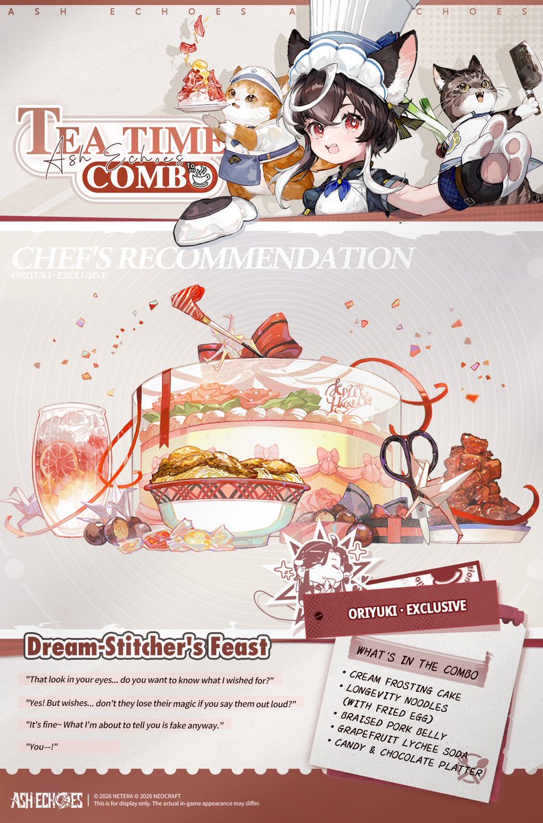 AshEchoes's tweet photo. Tea Time combo | Oriyuki

◆Today's Tea Time combo: Dream-Stitcher's Feast

"That look in your eyes... do you want to know what I wished for?"
"Yes! But wishes... don't they lose their magic if you say them out loud?"
"It's fine~ What I'm about to tell you is fake anyway."
"You—!"

#AshEchoes #AshEchoesEN