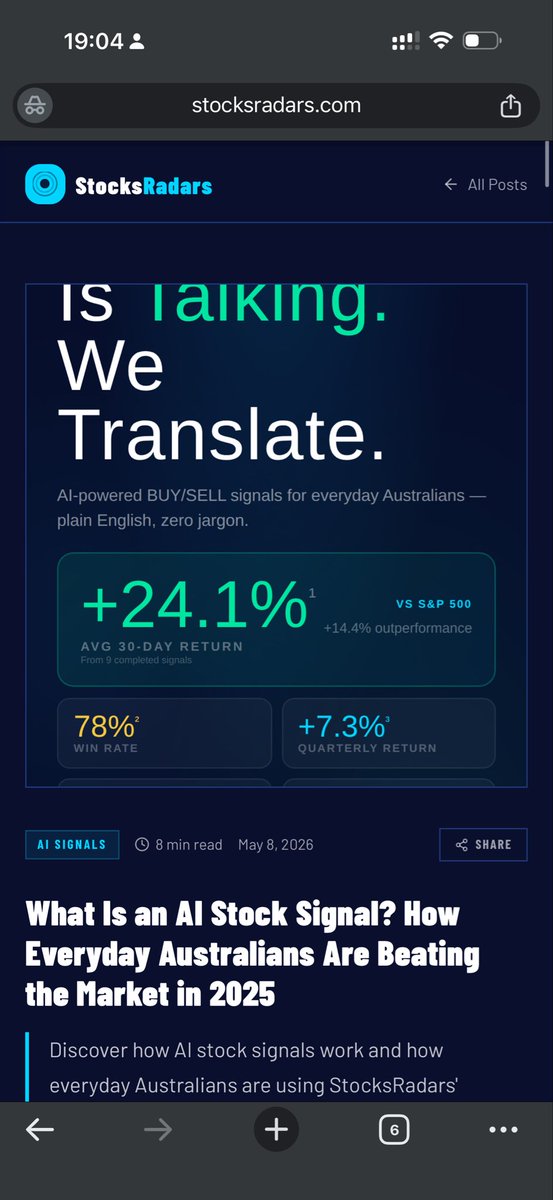 stocksradars's tweet photo. The market is talking. We translate.

AI reads NASDAQ, DOW & S&P 500 every day. You get one clear signal: BUY, HOLD, or SELL. 📊 +24.1% avg 30-day return¹ 🎯 78% win rate² ⚡ Beats S&P 500 quarterly³ Plain English. No jargon. Built for real people. ⚠️ Not financial advice. Past performance ≠ future results. 👇 Free trial:

https://t.co/tdf7a5ZcEK

#StockMarket #Investing #AIInvesting  #StockSignals

⚠️ Not financial advice. Past performance ≠ future results. StocksRadars holds no AFS Licence. All investing involves risk. Seek licensed financial advice.