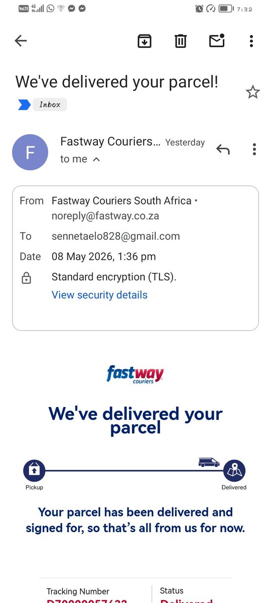 EXCLUSIVSENNE's tweet photo. @Fastway_SA
I was supposed to receive my parcel latest on 29 April 2026....yesterday I got an email claiming that they delivered my parcel and yet I did not receive it, I have been contacting all hubs including the delivery drivers still no help..... https://t.co/kfMHOUngh0