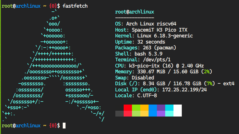 收到了一块 K3 Pico 并跑上了最新的 Arch RISC-V 用户空间,第一次有了 RVA23 兼容的测试设备。感谢 SpacemiT ...