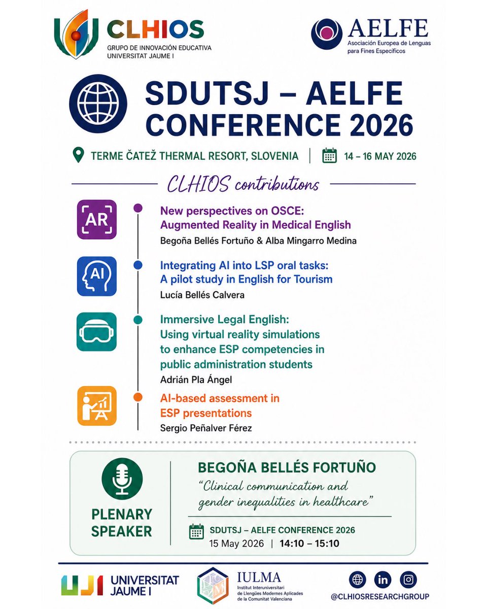 Clhiosgroup's tweet photo. 👥 🗣️ The CLHIOS team will be at #AELFE2026 and #SDUTSJ2026 ready to share our latest work on AI-powered language learning, VR in ESP, LSP education, and clinical communication! 🧠💬 https://t.co/lpeUpffbbS