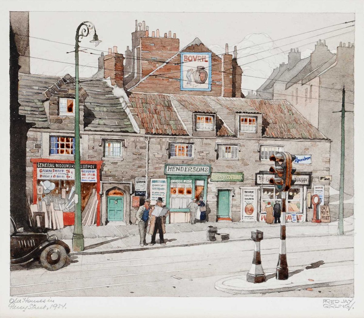 robertneuk's tweet photo. Coming to auction, the final of 3 watercolour and pencil works by Fred Jay Girling (1900-1982), "Old Houses in Percy Street, 1934", Newcastle upon Tyne. Signed, titled and dated in the margin.

35 x 38.5cms in frame.

Image: Anderson &amp; Garland Ltd. Newcastle https://t.co/Za8cWBNpDk