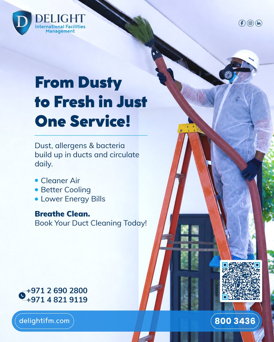 Delightifm's tweet photo. Improve indoor air quality with professional AC duct cleaning from Delight IFM 🌿
Remove dust &amp; allergens, improve airflow &amp; hygiene 🧼

Call: +971 800 3436

info@delightifm.com 
https://t.co/HjuAueHucM https://t.co/p1wJMOGcHD