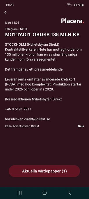 NaaidRV's tweet photo. #Note Ingen fet order, men trevlig ändå. Aktien fick köpråd för några dagar sedan... stack snabbt förstås. Skulle under året vilja att den bröt 200kr igen, är på tiden! https://t.co/I7b1Z9IHSh
