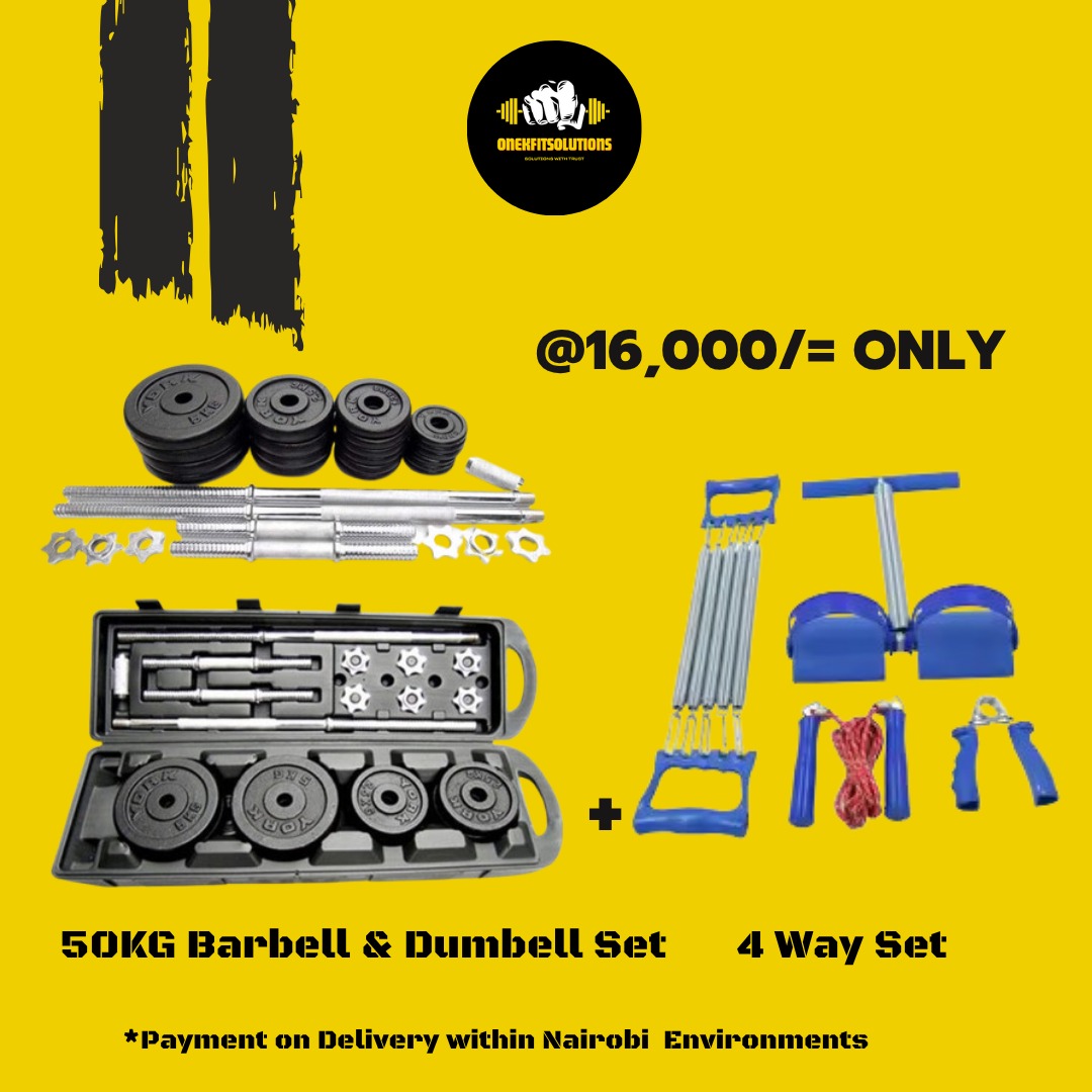 Solutions1k's tweet photo. Every 50KG Barbell &amp; Dumbbell Bundle comes with FREE gloves and a FREE 5-piece resistance band set to take your workouts to the next level 

Hii ni Nairobi – Pay on Delivery. Receive first, pay when it arrives.

Call/WhatsApp: 0723 34 77 50
👉 Swipe to see all our bundles