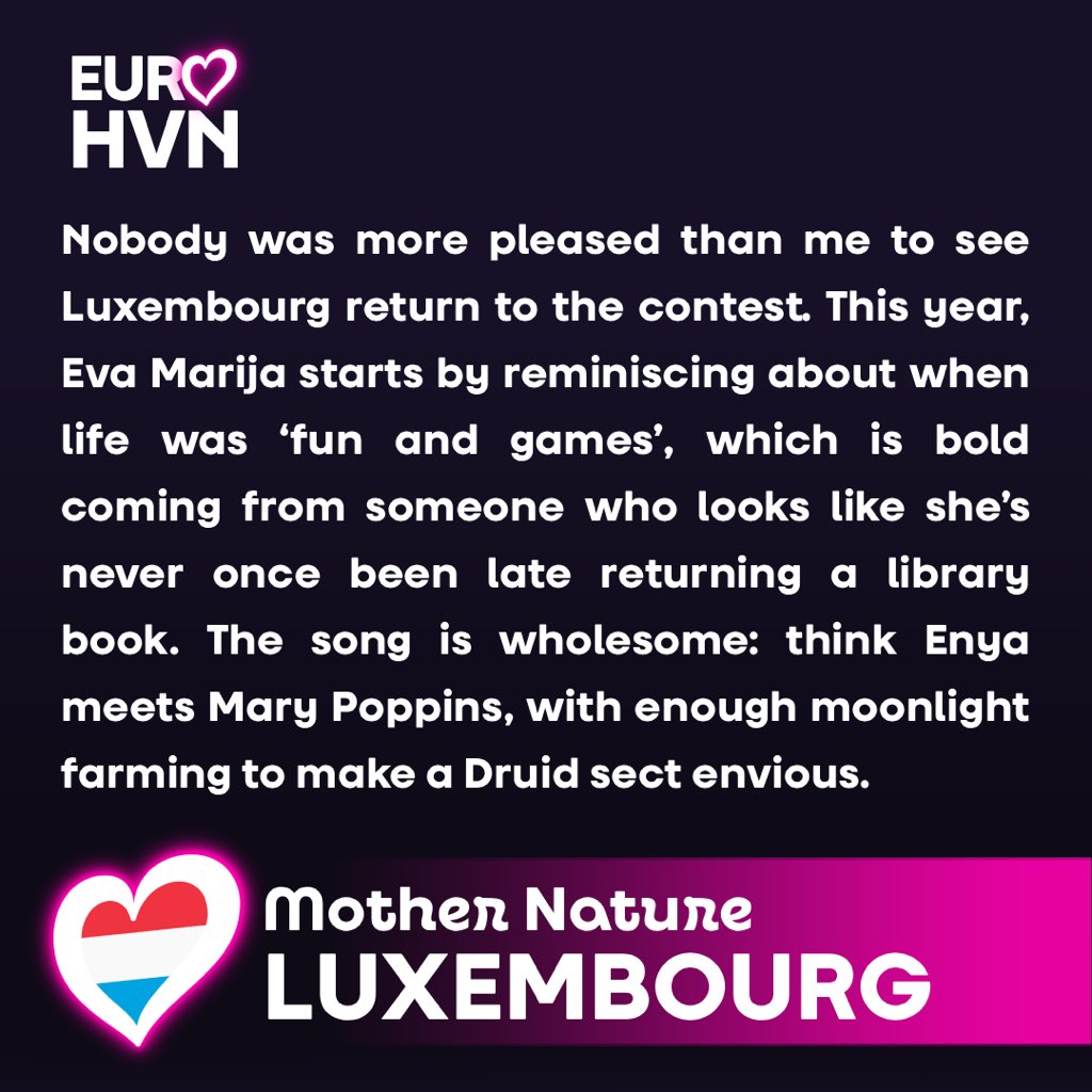 EuroHeaven98's tweet photo. Eurovision 2026 reviews: Luxembourg 🇱🇺 Eva Marija’s Druidic-sounding offering. What do you think of it?
Follow me and link in bio for more reviews! #Eurovision #Eurovision2026 https://t.co/gWTmgBg5A1