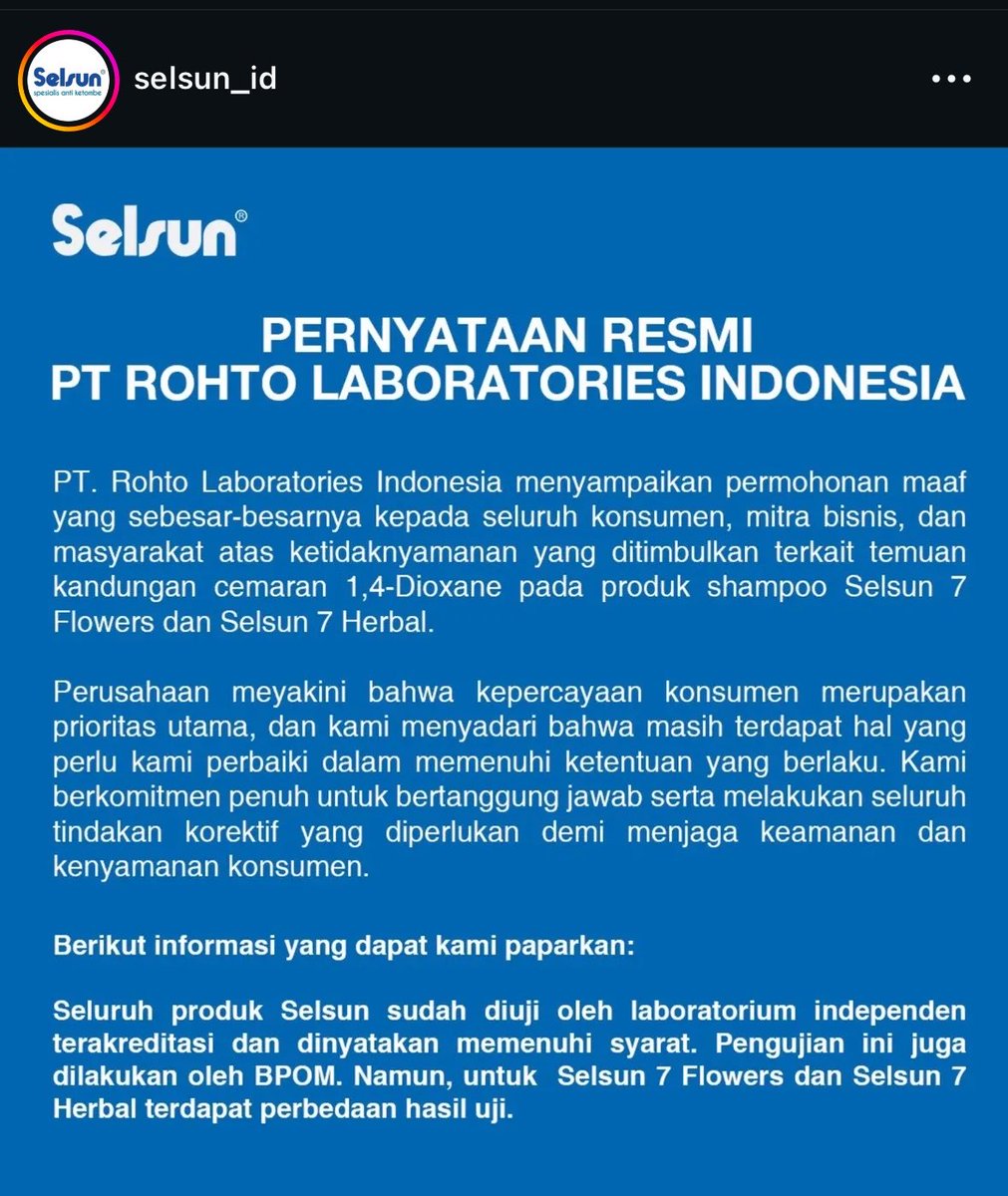 Klarifikasi resmi dari pihak brand selsun
Katanya karna 1 batch aja ternyata impactnya harus ditarik semua yah
Semoga ada solusi yang terbaik
