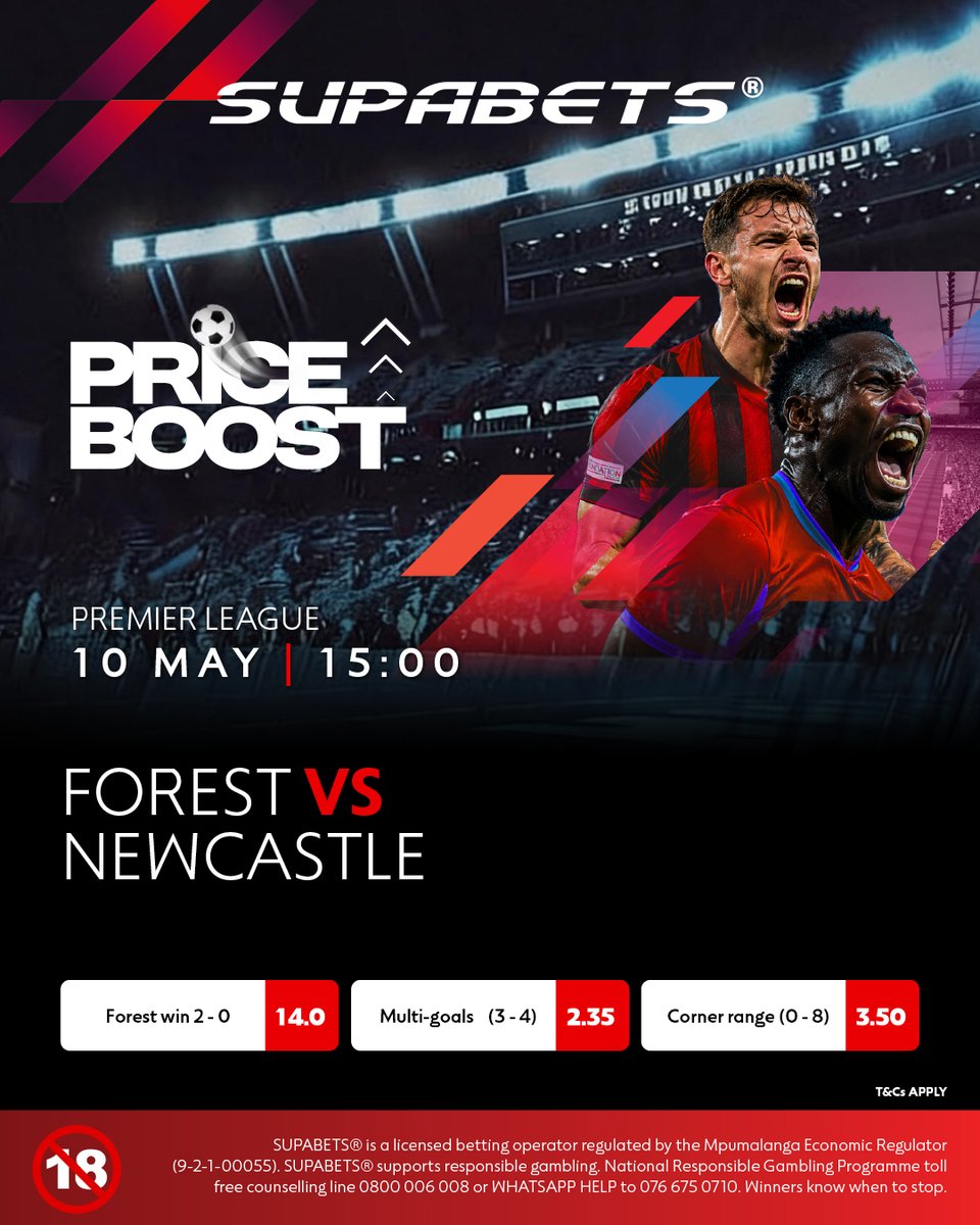 Supabets_mzansi's tweet photo. AFTER BEING DUMPED OUT OF THE EUROPA LEAGUE, FOREST WILL LOOK TO SECURE THEIR PLACE IN THE PREMIER LEAGUE โฝ
FOLLOW THE BOOST๐คจ
๐ https://t.co/9rgZgTciVD โ
#PriceBoost #EPL #NEWFOR #Supabets
18+ / Bet Responsibly https://t.co/BeZEkaFVEg