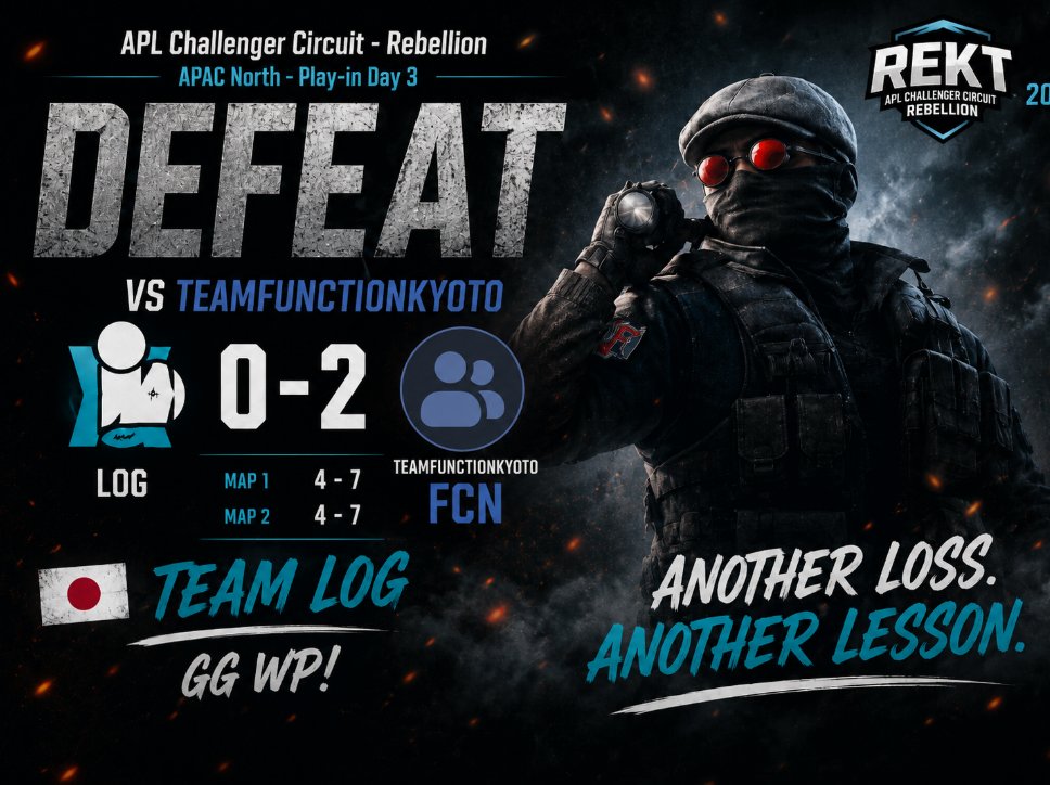 Loguire_Gaming's tweet photo. 【大会結果報告】     
APL Challenger Circuit - Rebellion　 
Play-Ins Day 3   2回戦vs @ESP_Function 様　LOSE
およびませんでした。明日も頑張りましょう！！！！
#LOGWIN #R6S #RainbowSixSiege https://t.co/kzUGwdtTi2