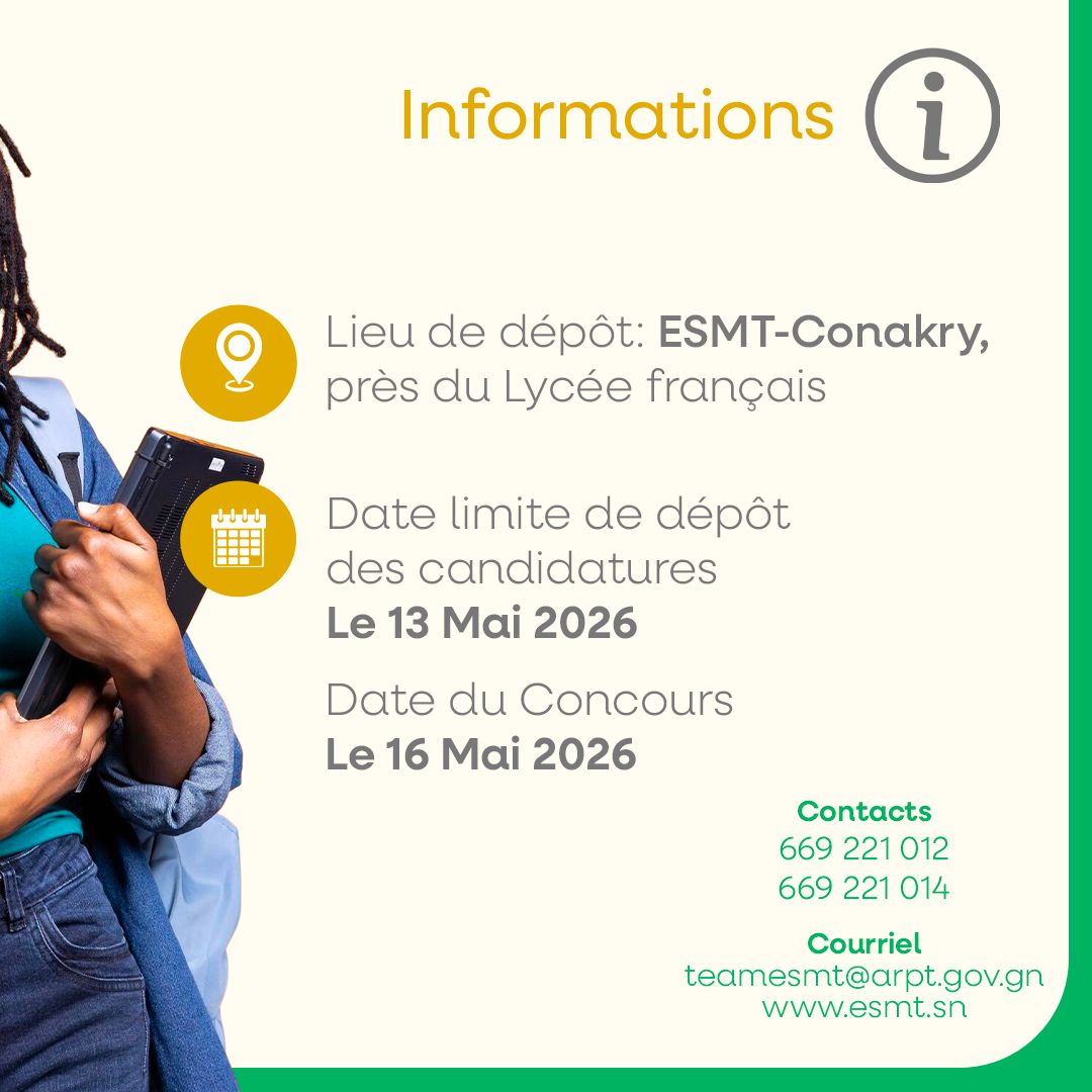 ARPT_Gn's tweet photo. Tu es étudiant en Licence ou bientôt diplômé ?
Passe au niveau supérieur avec un Master à l’ESMT
Découvre les options, les épreuves et comment candidater 👇
Inscription en ligne via :  https://t.co/kCWy7xEbc7
Dépôt physique : ESMT Conakry
Date limite : 13 Mai 2026 https://t.co/d2A2Ol24G6