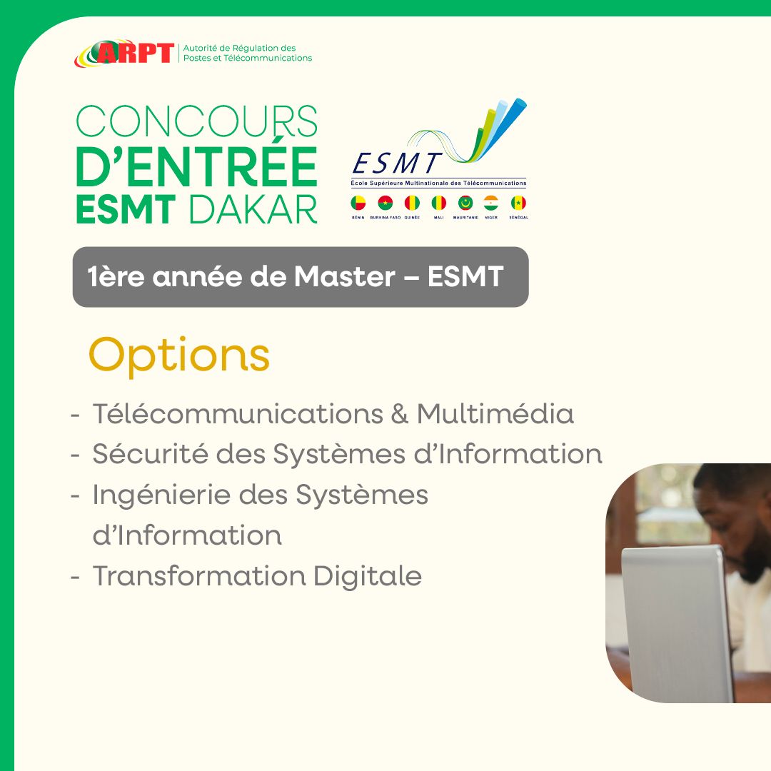 ARPT_Gn's tweet photo. Tu es étudiant en Licence ou bientôt diplômé ?
Passe au niveau supérieur avec un Master à l’ESMT
Découvre les options, les épreuves et comment candidater 👇
Inscription en ligne via :  https://t.co/kCWy7xEbc7
Dépôt physique : ESMT Conakry
Date limite : 13 Mai 2026 https://t.co/d2A2Ol24G6