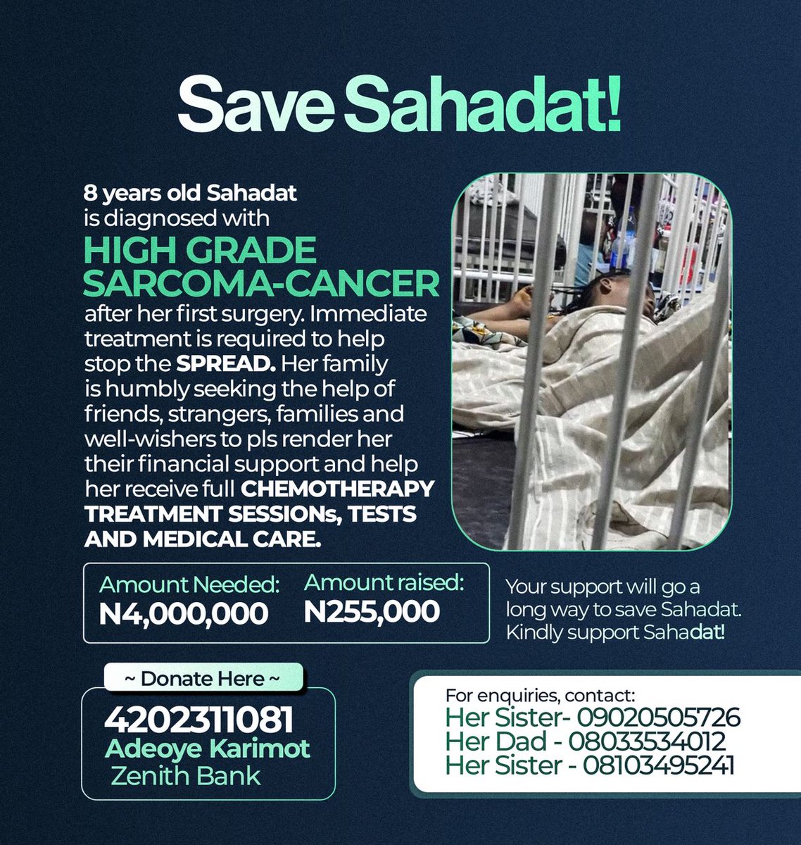 Saw my former roommate in lasuth yesterday, just to find out that her sister is sick that require this amount.

Please help us save Sahadat. Any amount will go a long way. You can also call the numbers on the flyer for any enquiries. Please help me retweet for a wider audience.