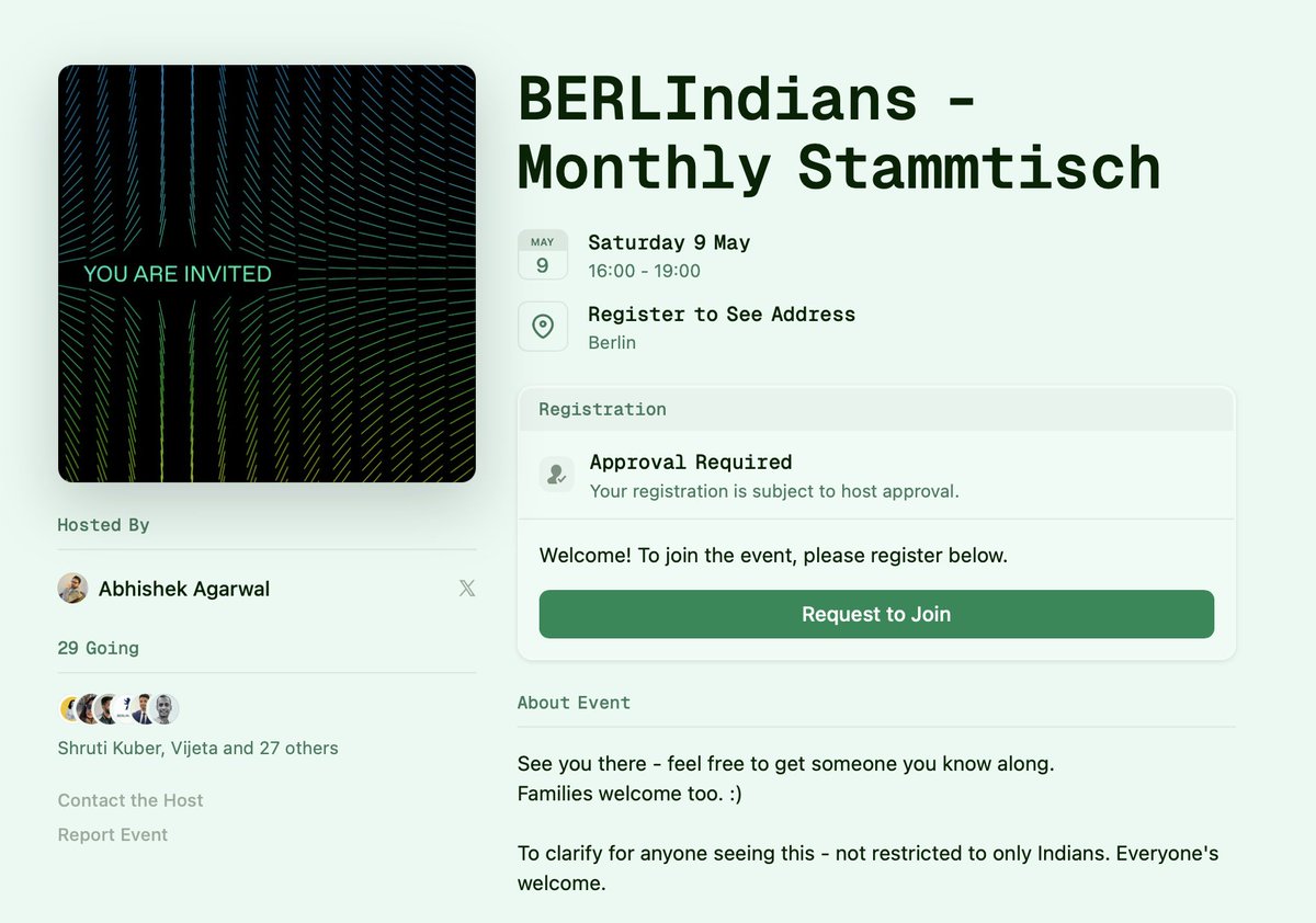 BERLIndians's tweet photo. monthly stammtisch mixer tonight 🇮🇳🇩🇪

berlin's startup and tech crew (desi &amp; otherwise), come through

rsvp - https://t.co/uJz3jnjIiR https://t.co/vdbDs2oSjn