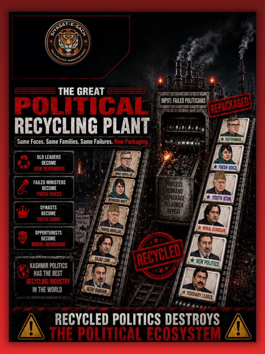 THE GREAT POLITICAL RECYCLING PLANT OF KASHMIR

Kashmir politics has one factory that never shuts down.

Not a factory of jobs.
Not a factory of ideas.
Not a factory of reform.

A factory where old failures are washed, repackaged and relaunched as new hope.

Omar Abdullah speaks