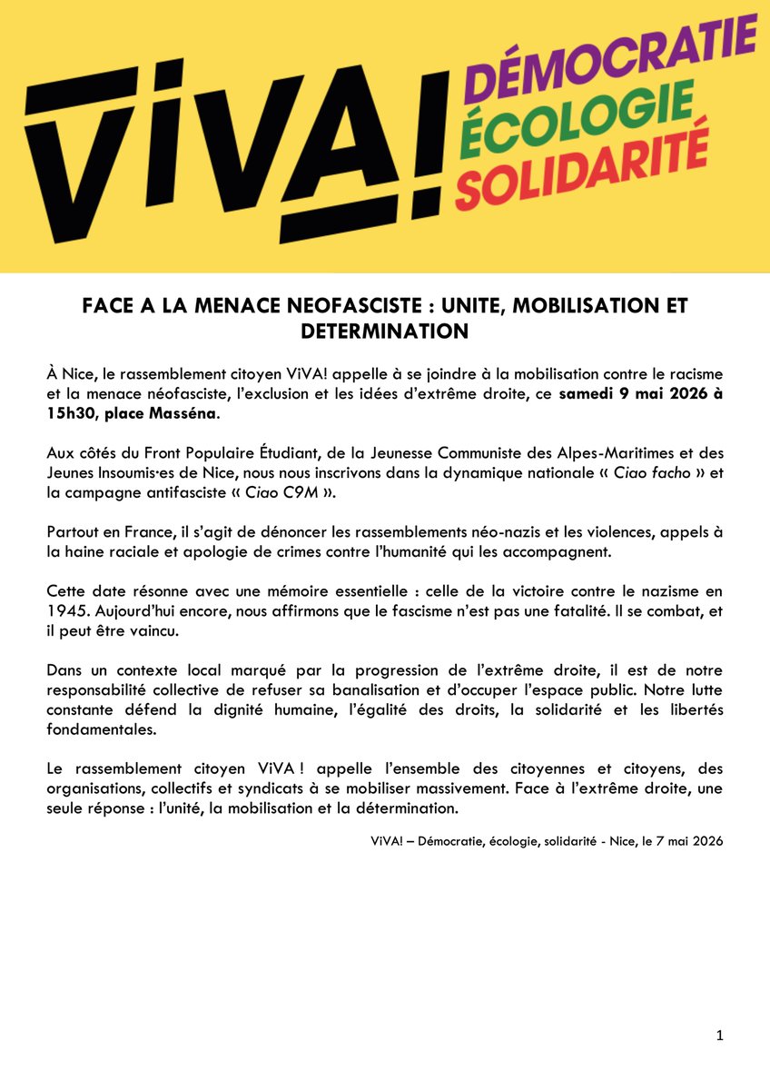 ViVA_Nice's tweet photo. Face à la menace néofasciste, une seule réponse : l’unité, la mobilisation et la détermination ✊

ViVA! appelle à rejoindre la mobilisation contre le racisme et l’extrême droite ce samedi 9 mai à 15h30, place Masséna à #Nice06.

Le #fascisme se combat, et il peut être vaincu. https://t.co/jxapX5isiQ