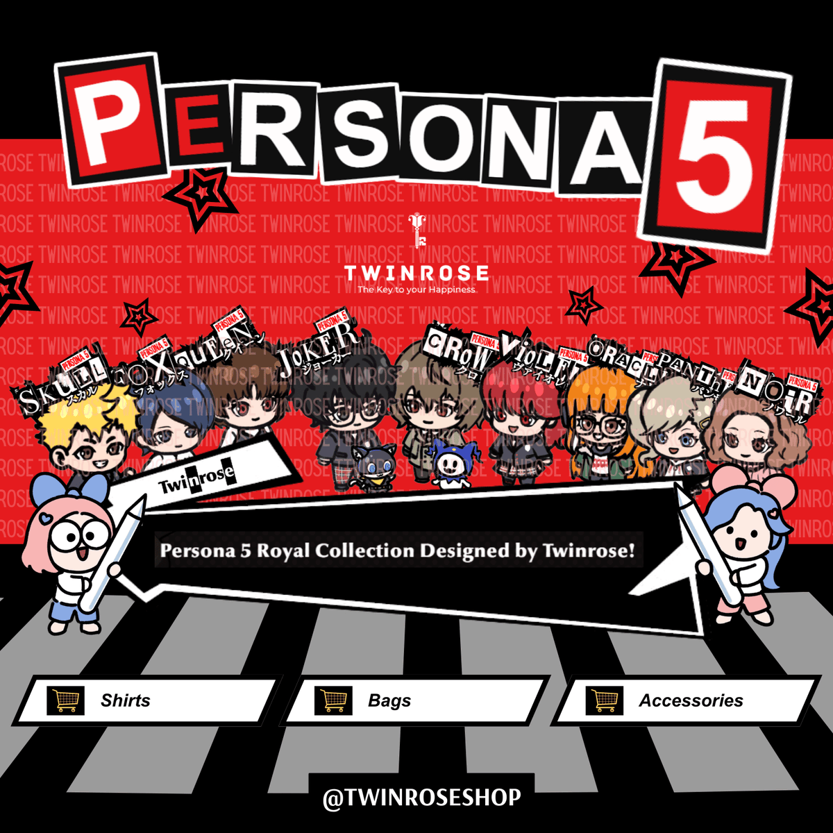 TwinroseShop's tweet photo. You never saw it coming 👀‼️

Twinrose presents... our PERSONA 5 COLLECTION!

Drawn and designed by us for all Phantom Thieves supporters 😉✨!

Check out the thread below ⬇️

#persona5 #persona5royal https://t.co/fdH9m3kNUr