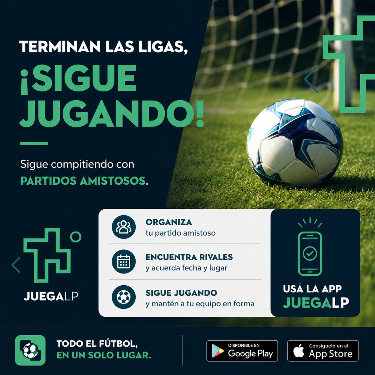 JuegaLP's tweet photo. ⚽️ ¿Terminó la liga? ¡Sigue jugando!
📲 Organiza partidos amistosos con otros equipos usando @JuegaLP
🏟 Encuentra rivales, acuerda fecha y sigue compitiendo.
Disponible en Google Play y App Store 🔥 https://t.co/CsG46ZwpDX