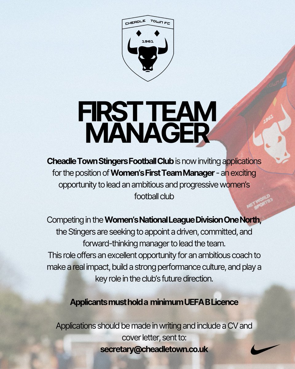 Cheadle Town Stingers Football Club is now inviting applications for the position of Women’s First Team Manager - an exciting opportunity to lead an ambitious and progressive women’s football club

Competing in the Women’s National League Division One North, the Stingers are