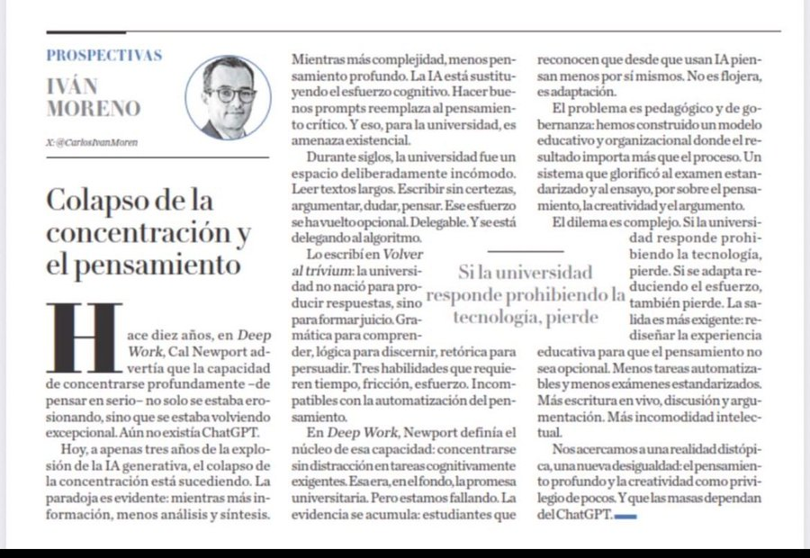 virginiog's tweet photo. La capacidad de concentración profunda se está volviendo algo excepcional  

La IA sustituye el esfuerzo cognitivo: hacer buenos prompts pasa por “pensamiento crítico”  

La universidad el espacio incómodo leer textos largos, dudar y argumentar,...ahora hace ese esfuerzo opcional https://t.co/YbA3uaxYgX