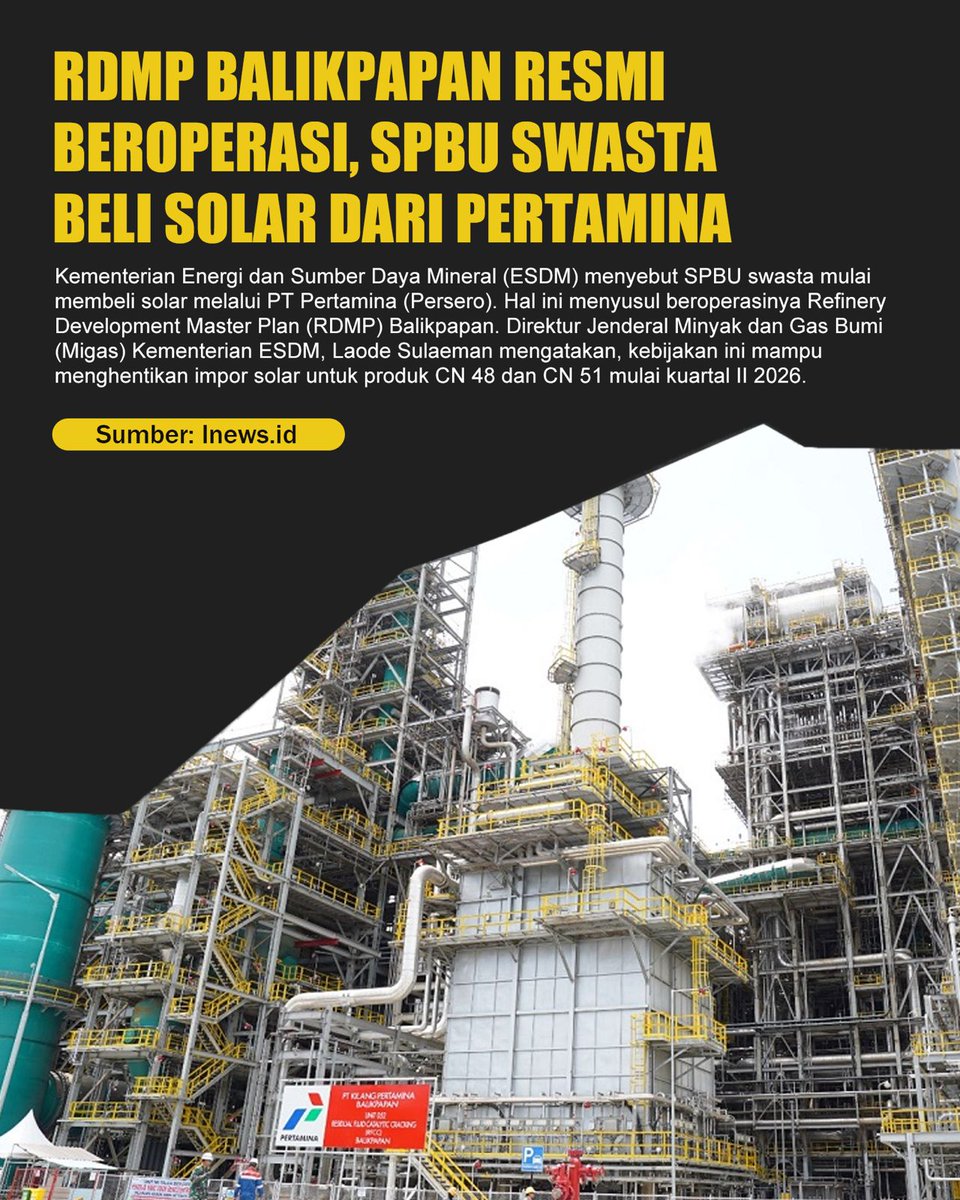 facilitgy's tweet photo. RDMP Balikpapan resmi beroperasi dan mulai memberi dampak ke pasokan energi nasional. SPBU swasta pun kini mulai membeli solar dari Pertamina. https://t.co/MFun2F37SU
