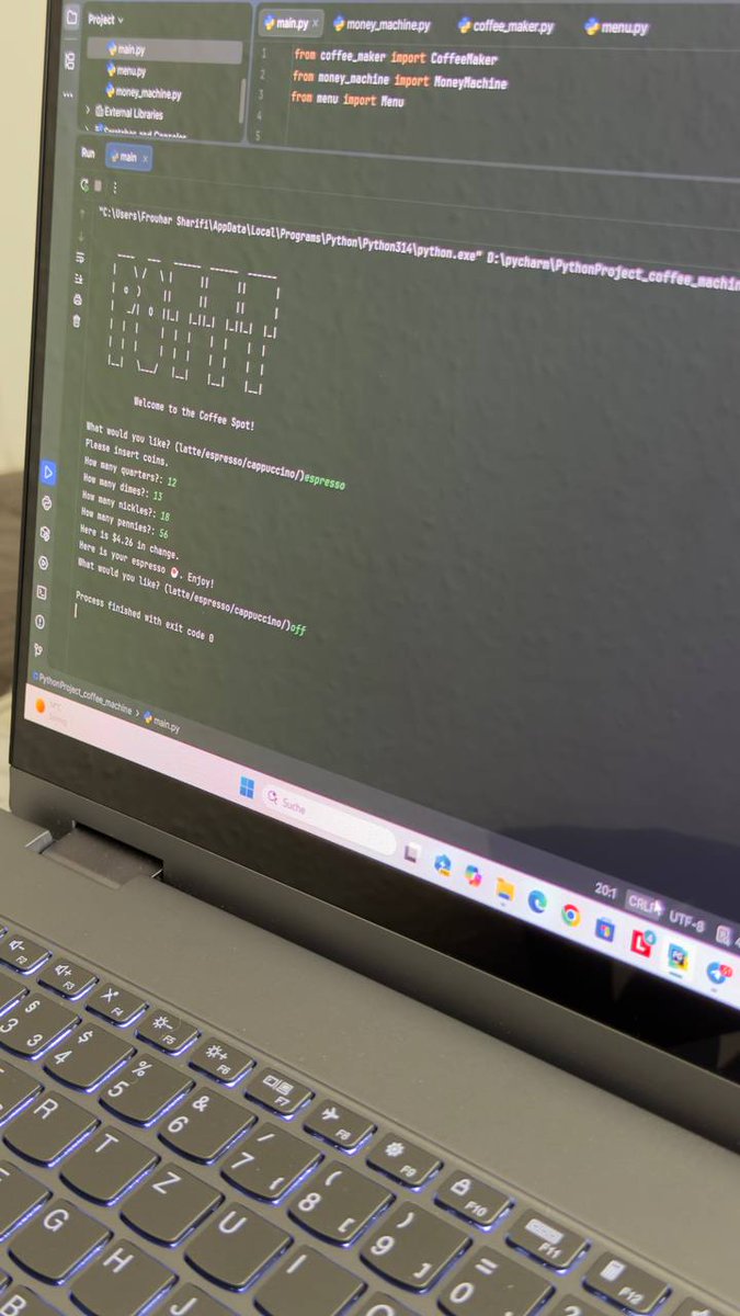 frouhar_sharifi's tweet photo. "Coffee Machine implemented using OOP"
OOP + Coffee = Perfect blend.
@CodeToInspire
@f_forough
@a_daneshyar
#python #AfghanGirlCode #WomenInTech https://t.co/RT5seT70j2