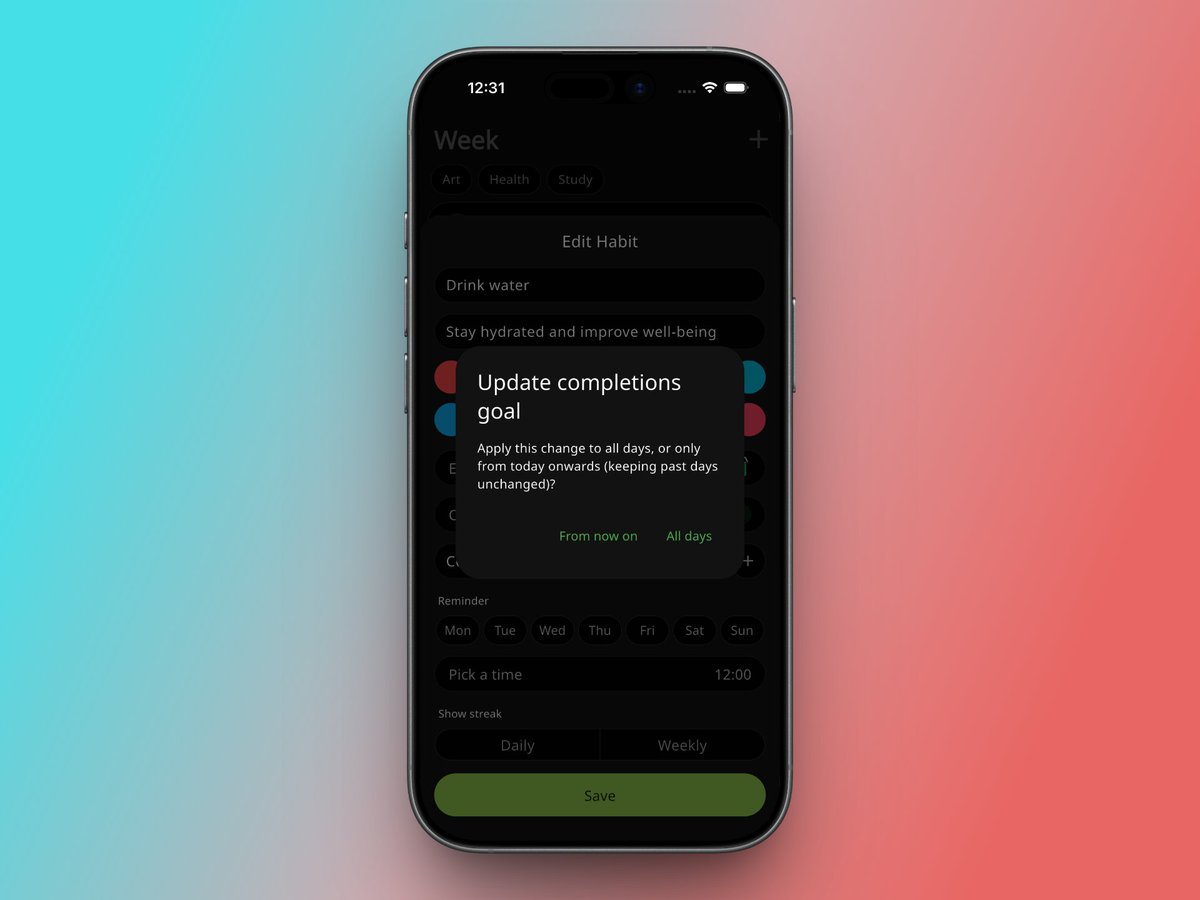 HabitGridApp's tweet photo. Raised the bar on a habit? Your past shouldn't pay for it. 🎯

When you change a habit's daily target, you now choose: apply it to all days, or start fresh from today while keeping your past streaks and stats exactly as you earned them.

#HabitGrid #HabitTracker #PersonalGrowth https://t.co/pOvJQHCEpO
