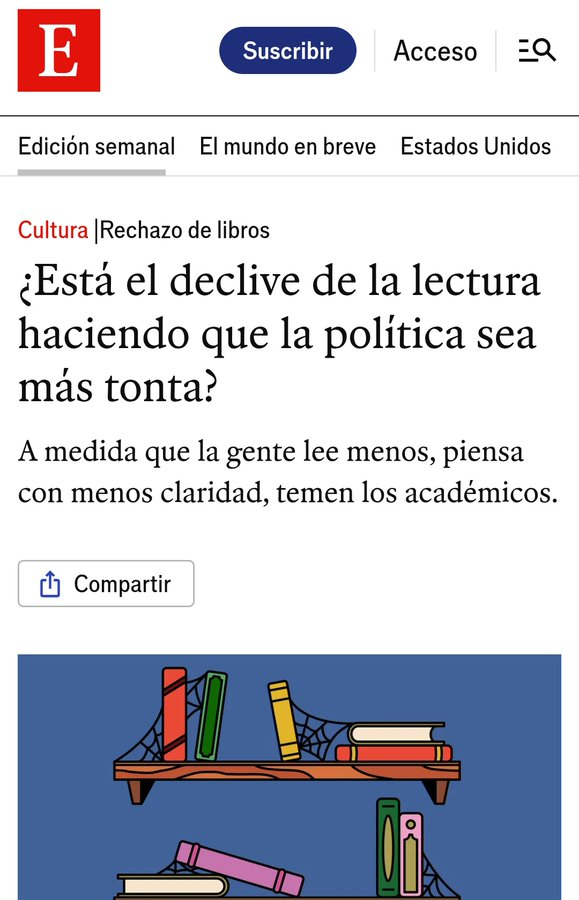 No solo leemos menos: leemos textos más simples
Las frases en los bestsellers actuales son casi un 30% más cortas 
Perder la capacidad de leer es perder la de pensar con matices. Y cualquier ámbito, incluso la  política, está afectado  economist.com/culture/2025/0…