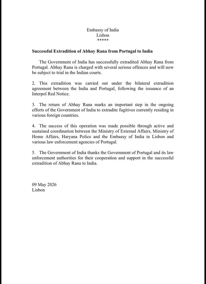IndiainPortugal's tweet photo. The Embassy of India in Lisbon thanks the Portuguese authorities for their support and cooperation in extradition of Abhay Rana to India. 

#indiaportugal #extradition 

@MEAIndia @PIB_India @DDNewslive @airnewsalerts @IndianDiplomacy @MIB_India @nestrangeiro_pt https://t.co/paXHs00VfR