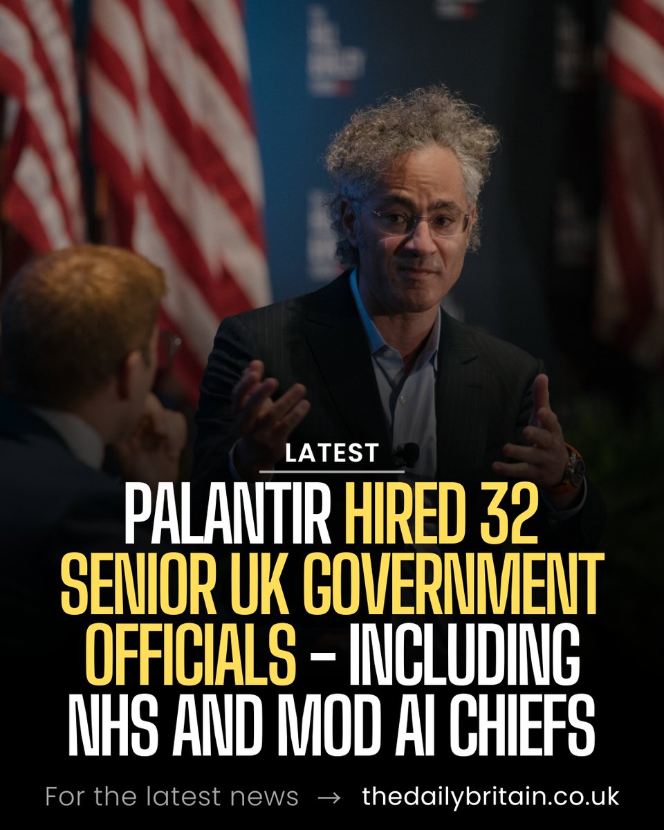 dailybritainonx's tweet photo. The MoD's head of AI met Palantir 9 times in his government role. Then joined them. The NHS head of AI left to become their director of health. Two Lords. Two generals. 

A former MI6 chief arranged a meeting between their CEO and the head of the civil service. The company founded by Trump's billionaire ally has £670m in UK government contracts.

 Full story 👇