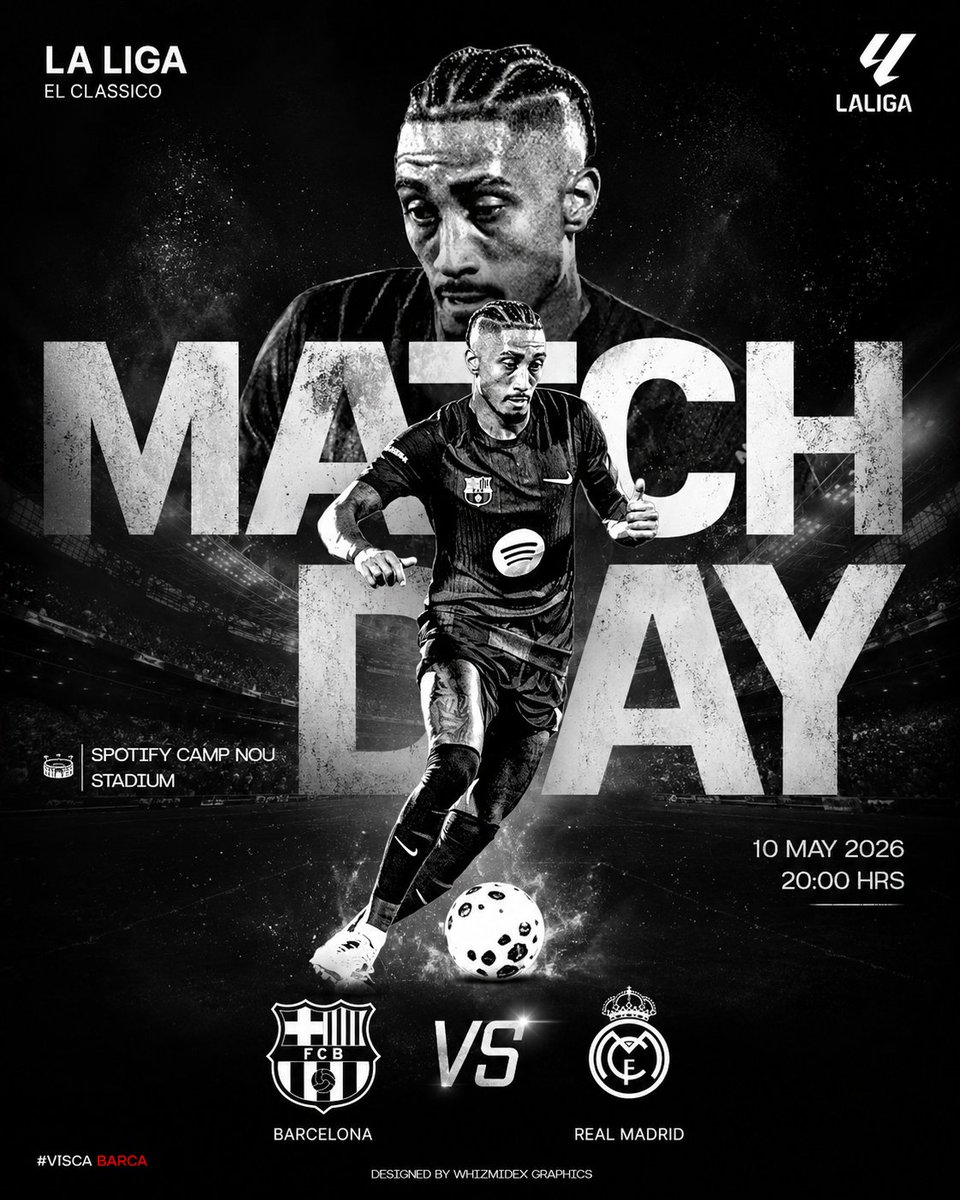 GraphicsWhiz's tweet photo. EL CLASICO ARRIVES TOMORROW. ⚽🔥

Barcelona vs Real Madrid.
Two giants. One rivalry. Infinite history.
The countdown is almost over. Who’s taking the win at Spotify Camp Nou? 👀👇

#ElClasico #LaLiga #FCBarcelona #RealMadrid #MatchDay #ViscaBarca #HalaMadrid https://t.co/ew3UNZCipj