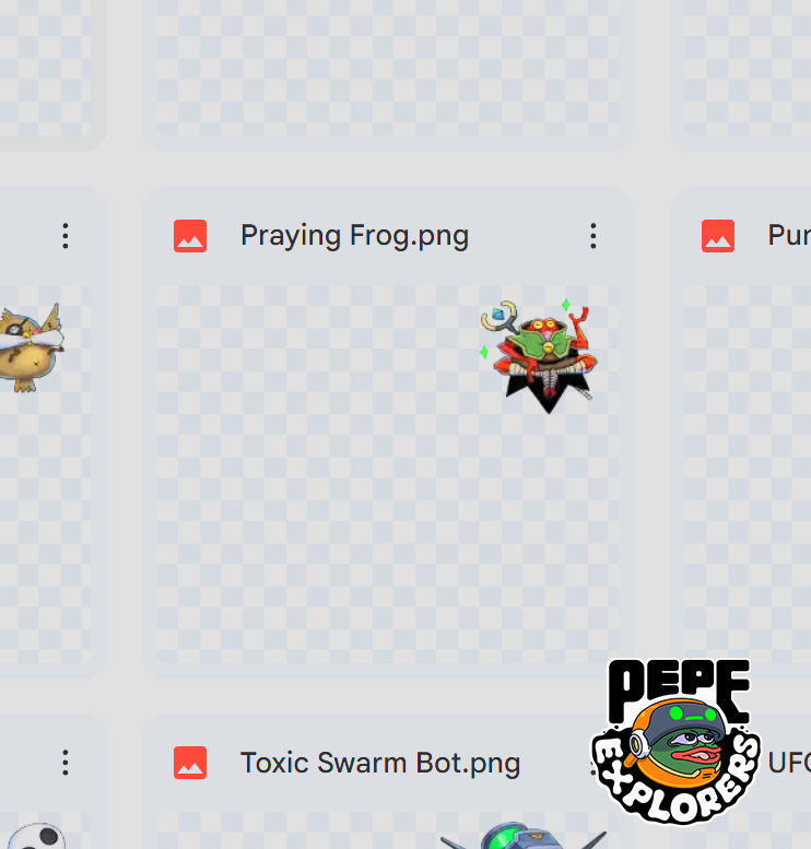 Have you noticed that there are sometimes characters or objects in the top right corner of NFT images, <a href="/PepeExplorers/">PEPE EXPLORERS</a> ?

These are "Mecha Components." You can sometimes find them in your NFT. They have average rarity, but some are very rare. There are many to discover. Here's